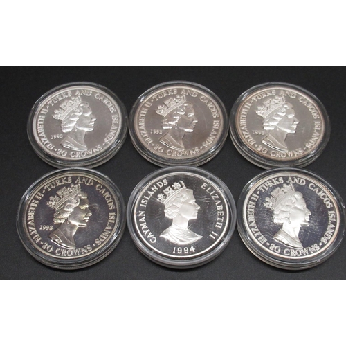 1136 - Five silver proof Coronation Anniversary coins - Turks and Caicos Is 20Crowns and Queen Mother 1 Dol... 