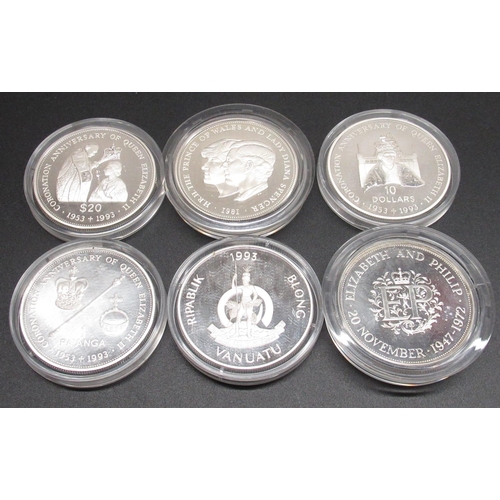 1137 - Four Coronation Anniversary silver proof coins - Soloman Is. 10 Dollars, Tonga 1 Pa'anga, Vanuatu 50... 