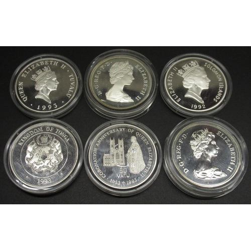 1137 - Four Coronation Anniversary silver proof coins - Soloman Is. 10 Dollars, Tonga 1 Pa'anga, Vanuatu 50... 