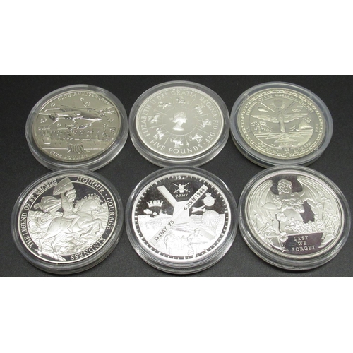 1138 - Six silver plated Military related and other coins - Lest We Forget Crown, D-Day & Dambusters £5, Pe... 