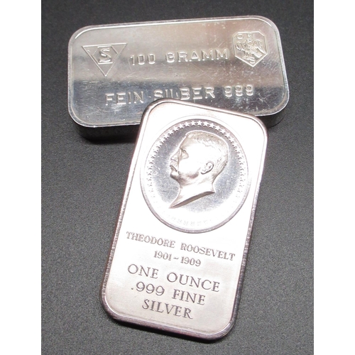 1143 - Theodore Roosevelt 1901-1909 .999 Fine Silver ingot and Scheizerischer Bankkverein 100g silver ingot... 