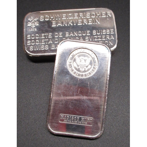 1143 - Theodore Roosevelt 1901-1909 .999 Fine Silver ingot and Scheizerischer Bankkverein 100g silver ingot... 