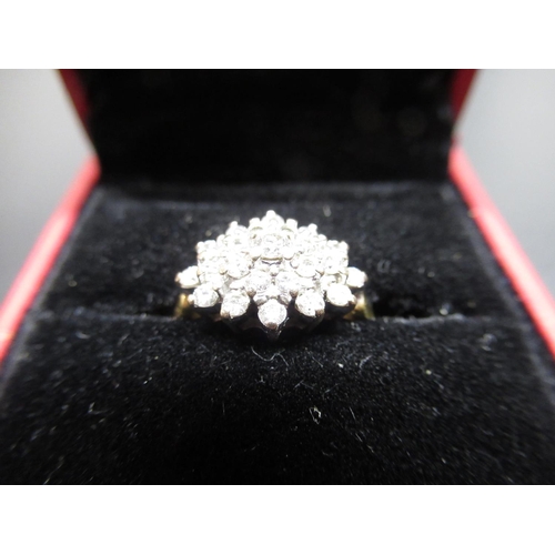 30 - 18ct yellow gold diamond cluster ring, stamped 18k, size L1/2, 3.6g