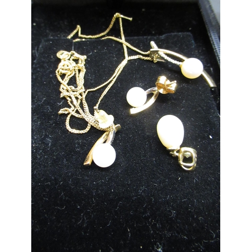 38 - 9ct yellow gold pearl and diamond necklace on 9ct yellow gold chain, with matching earrings (missing... 