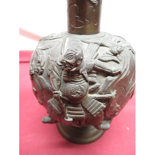 1147 - Japanese bronze vase, relief decorated with Warrior, Cranes and insects, H27cm