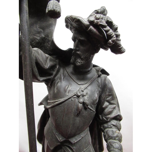 1149 - Patinated spelter model of a Soldier, titled F Cortez, on turned wooden base, H62cm