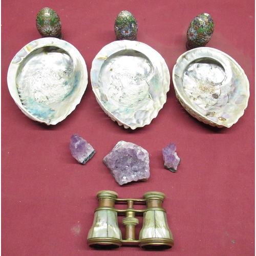 1150 - Three small Champleve enamel style eggs, three Abalone shells, three pcsof Rose quartz and a pair of... 