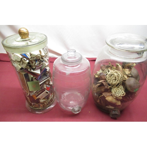 1162 - Vintage clear glass Pasta jar and cover with painted detail, containing a collection of book match c... 