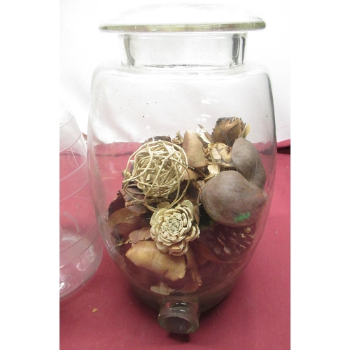 1162 - Vintage clear glass Pasta jar and cover with painted detail, containing a collection of book match c... 