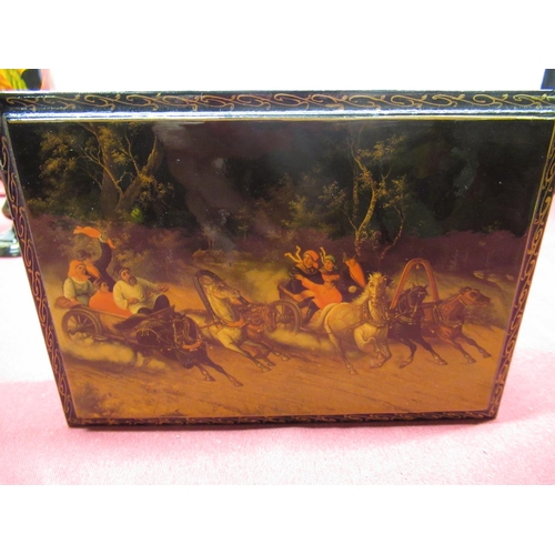 1165 - Russian rectangular jewellery box, decorated with Horses, W16cm, another decorated with a Lady and a... 