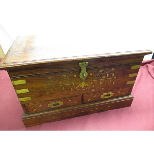 1173 - Small Indian hardwood mule chest, inlaid with copper and brass scrolling leafage, hinged top with li... 