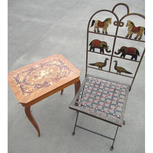 1174 - Vintage wrought metal folding chair, painted with animals, and an Italian needlework table, (2)