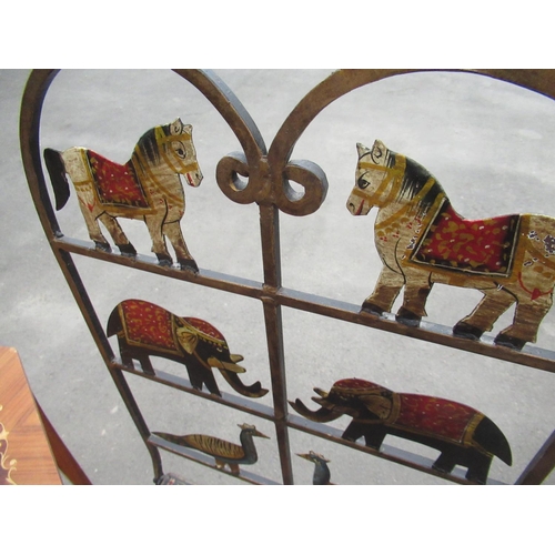 1174 - Vintage wrought metal folding chair, painted with animals, and an Italian needlework table, (2)