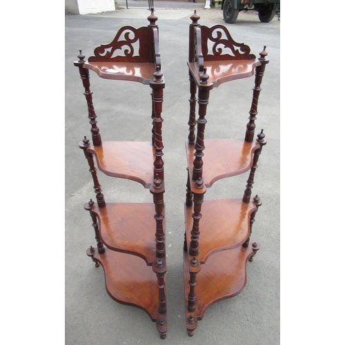 1175 - Pair of Victorian mahogany corner what-nots, four shaped graduated tiers on baluster supports, H120c... 