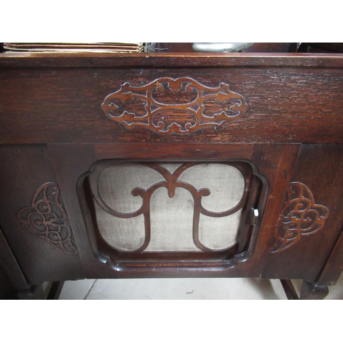 77 - Geisha wind up oak cased cabinet Gramophone, with tambour speaker door, W82cm D49cm H86cm