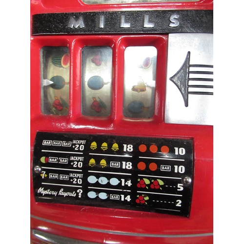 78 - Mills One Armed Bandit 6d fruit machine, red case with chromed and polished metal detail, H66cm D40c... 