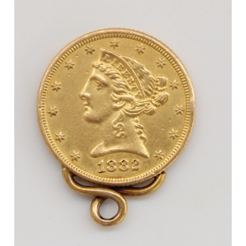 808 - 1882 USA American gold Liberty head $5 five dollar coin, with fixed pendant mount, 8.7g