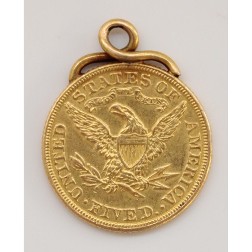 808 - 1882 USA American gold Liberty head $5 five dollar coin, with fixed pendant mount, 8.7g