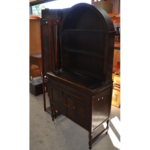 92 - C20th oak Dutch type dresser, arched top above three cupboards on angular supports, W93cm D44cm H190... 