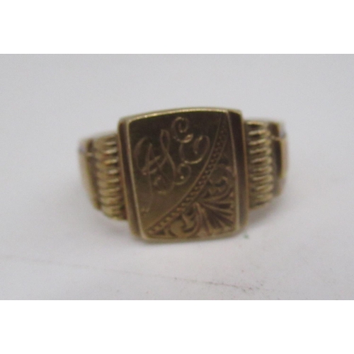 703 - 9ct yellow gold signet ring, the square face engraved with initials ALE, stamped 9, size 01/2, anoth... 