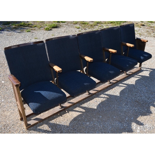 1181 - Run of five Kalee cast iron framed Cinema seats with curved backs and lift-up seats, L235cm D43cm H8... 