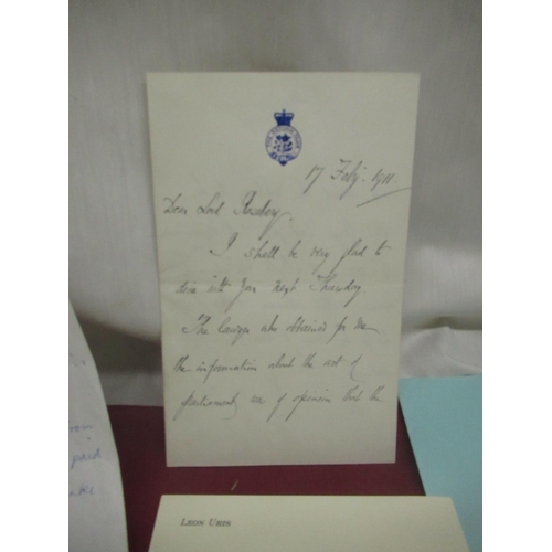 4 - Collection of letters and signatures inc. Leon Uris signature on card paper, letter from Barry Unswo... 