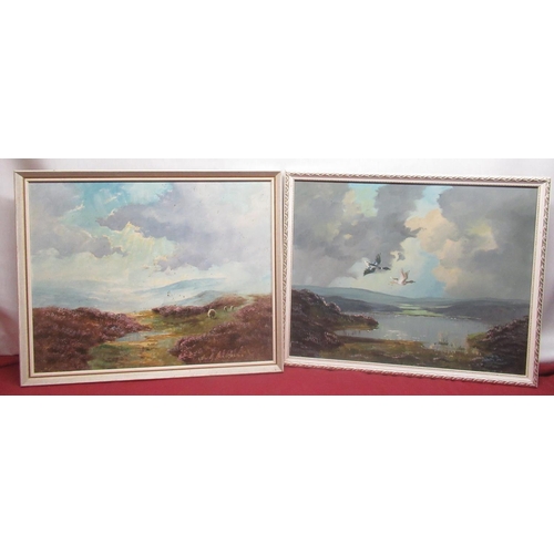 500 - Lewis Creighton (British, 1918-1996); Ducks flying over moorland, oil on canvas, and another moorlan... 