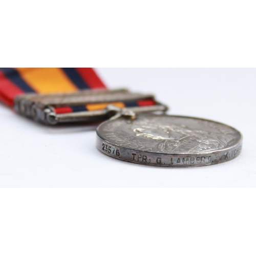 337 - Queens South Africa medal for 23576 Tpr G Lambert of the Kitcheners Horse with campaign clasps for T... 