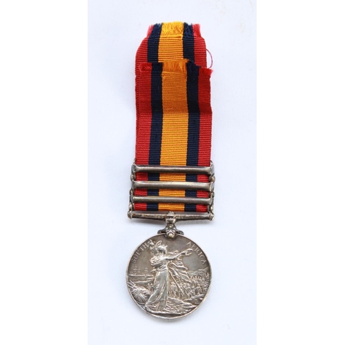 338 - Queens South Africa medal for 6027 Pte J Bowden Yorks and Lancs. Regt with three campaign clasps for... 