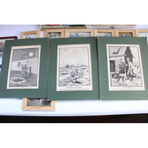 275 - Selection of Bruce Bairnsfather WW1 material including framed prints, postcards and a small saucer (... 