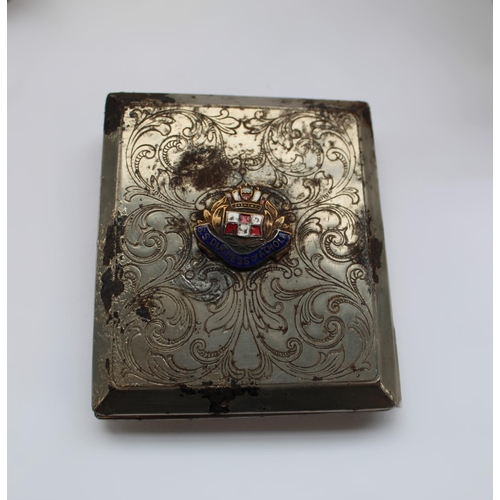 309 - EPNS cigarette box with RAF badge, cigarette case with badge of SS Duchess of Atholl, containing lis... 