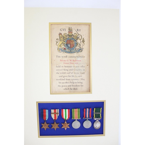 378 - WWII British casualty KIA medal group for  Pte. G.W. Robinson, Green Howards consisting War medal, D... 