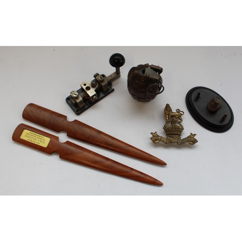 386 - Collection of militaria to include inert grenade, morse code tapper, German pen holder, etc