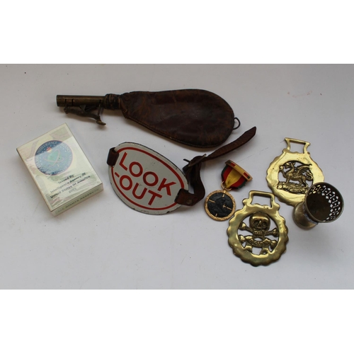 387 - Group of militaria to inc. shot flask, lookout arm band, horse brasses, Spanish medal, US Gulf War i... 