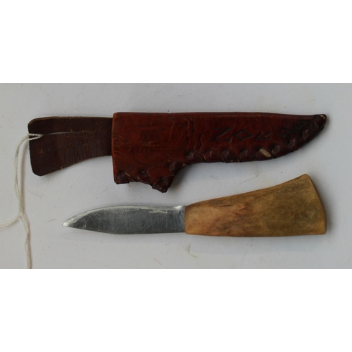Normark of Finland Puukko Fillet Knife with leather sheath together with a  small Norwegian bone hand