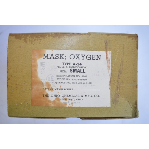 465 - 3 vintage oxygen masks from the 1950s. An R A Hawks/MSA RAF issue Type A-13 mask with hose, end conn... 