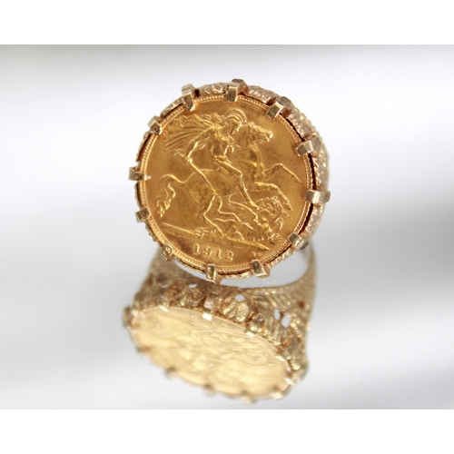 1 - Geo.V 1912 gold half-sovereign ring in 9ct gold scroll mount, stamped 375, size K1/2, 9.3g