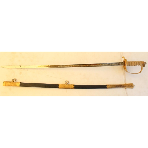 520E - Henry Wilkinson Royal Navy Officers sword, hilt with brass basket hilt and crowned anchor emblem, li... 