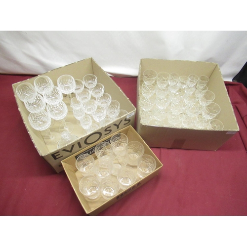 104 - Waterford glassware - seven hock glasses, H19cm, set of six large liquor glasses, H9cm, four wine gl... 