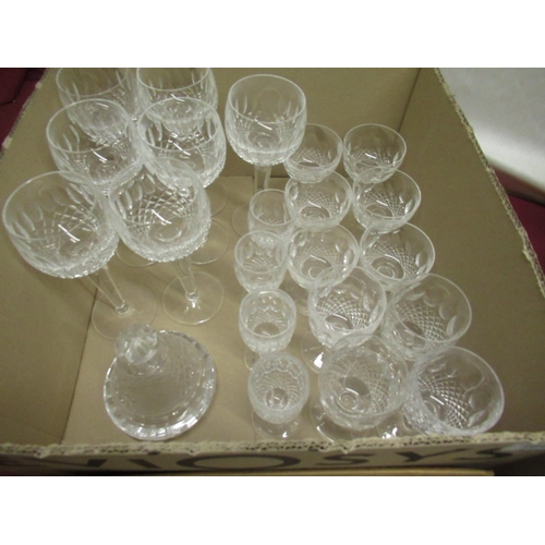 104 - Waterford glassware - seven hock glasses, H19cm, set of six large liquor glasses, H9cm, four wine gl... 