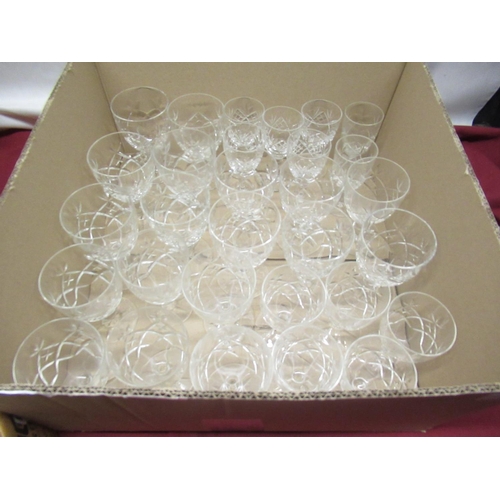 104 - Waterford glassware - seven hock glasses, H19cm, set of six large liquor glasses, H9cm, four wine gl... 