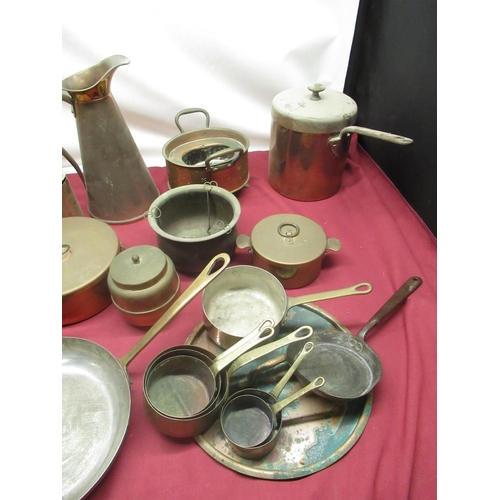 113 - C19th and later copper saucepans, some with riveted steel strap handles, other copper kitchenware in... 