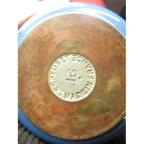 115 - Le Creuset blue enamel lidded saucepan, D21.5cm, smaller Le Creuset lidded saucepan D16cm, set of si... 