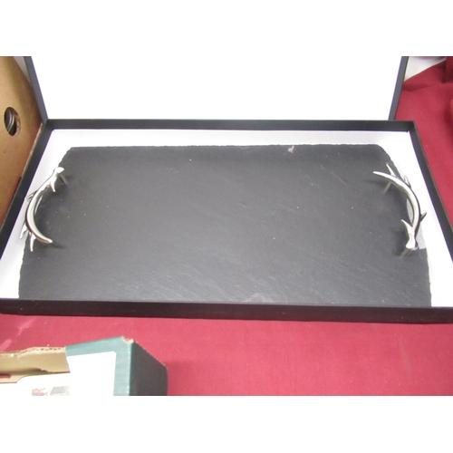 117 - Just Slate Company natural handcut slate serving tray, 50cm x 25cm, with plated antler handles, stai... 