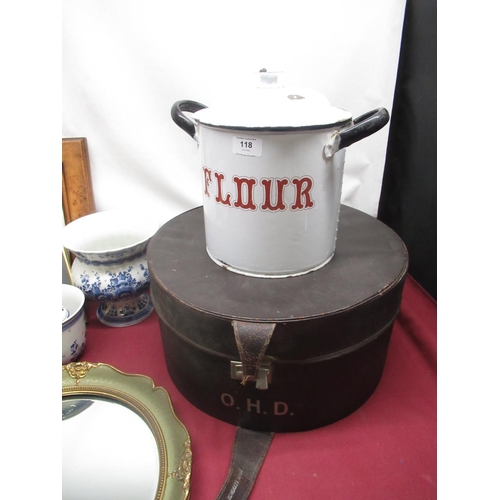 118 - Mid C20th white enamelled flour bin, D23cm H28cm, 1950's leatherette hat box with initials, mid C20t... 