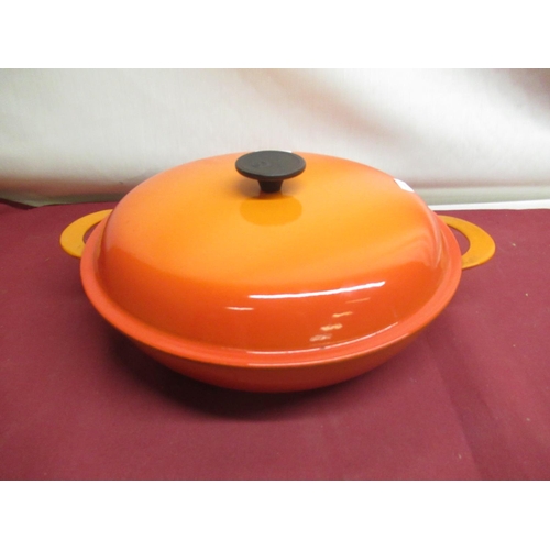 127 - Le Creuset volcanic orange cast iron shallow lidded casserole dish, no. 30, D30cm