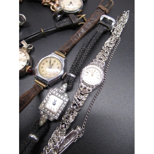 91 - 1930's Swiss cocktail watch lozenge shaped case set with marcasite (AF), two Ingersoll ladies 7 jewe... 