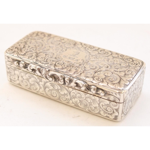 71 - Victorian hallmarked silver table snuff box, finely chased in floral swag and scroll engraved decora... 