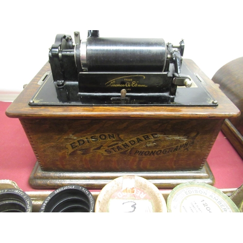 260 - Late C19th/early C20th oak cased Edison Standard Phonograph, with brass horn and collection of wax c... 