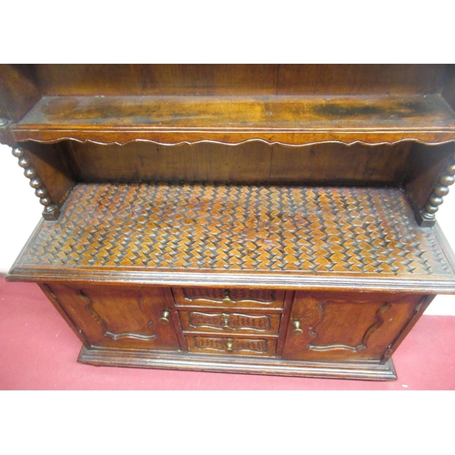 268 - Late C20th miniature Welsh dresser, two open shelves, with turned bobbin spindles, over three centra... 